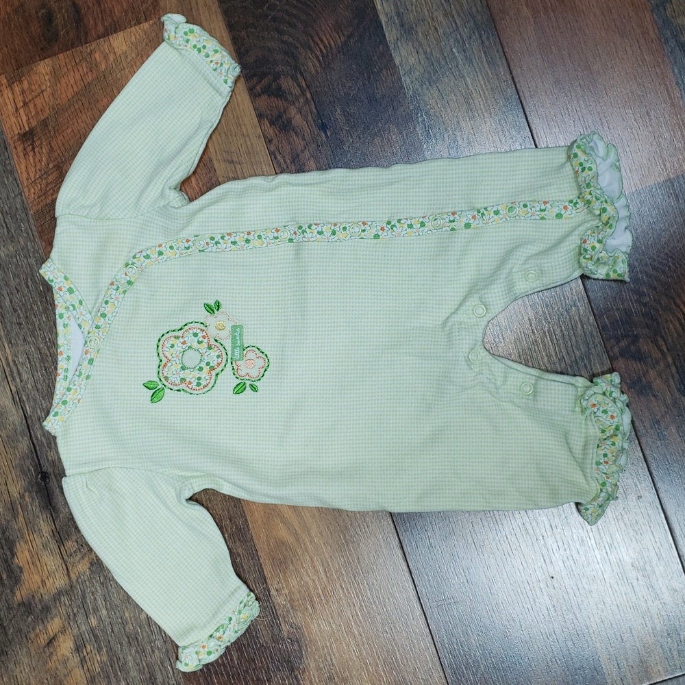 Carter's Green and White Gingham Bodysuit with Floral Trim, Size 3 Months
